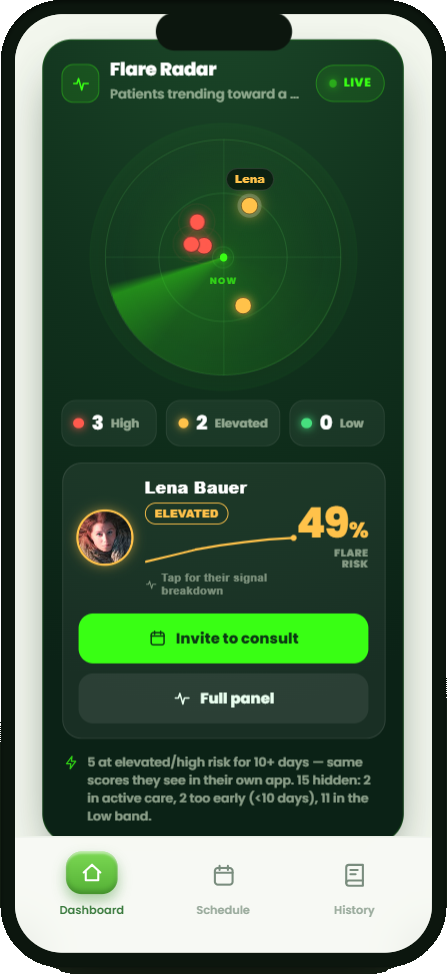 Flare Radar — each patient's recent entries at a glance